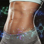 a female tummy has a six pack. she is wearing low cut grey yoga pants and a high sports bra. over the image we also see colorful graphics of long chain weight loss peptides.