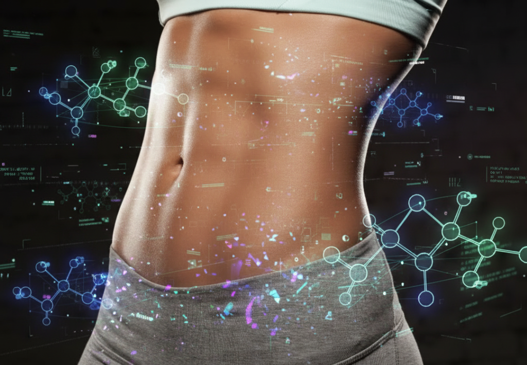 a female tummy has a six pack. she is wearing low cut grey yoga pants and a high sports bra. over the image we also see colorful graphics of long chain weight loss peptides.